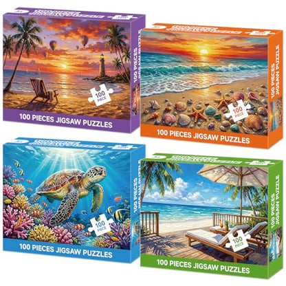 4-Pack 100 Piece Puzzles for Adults Seniors, Nature Landscape Jigsaw Puzzles 100 Pieces, Beach Resort Turtle Sunset Lighthouse Large Piece Jigsaw Puzzles for Seniors Adults Family Game Gifts 15"x11"