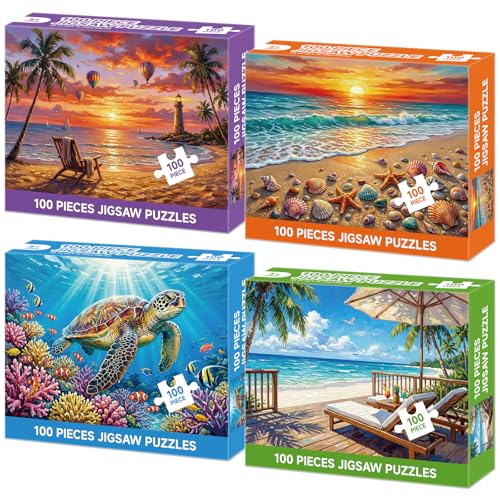 4-Pack 100 Piece Puzzles for Adults Seniors, Nature Landscape Jigsaw Puzzles 100 Pieces, Beach Resort Turtle Sunset Lighthouse Large Piece Jigsaw Puzzles for Seniors Adults Family Game Gifts 15"x11"
