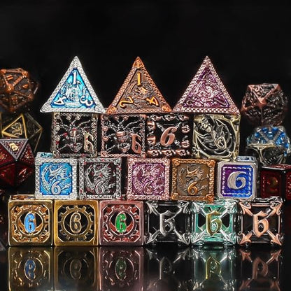 QMAY Mystery Dice Set – 7 Pcs Metal Polyhedral Dice + 1 Pcs Velvet Bag | Random Various Style Metal DND Dice & Dice Bag, Gifts for D&D, Pathfinder, MTG, Game Night, Dice Goblins, RPG Players & DMs - style: 1 bag Metal Mystery Dice