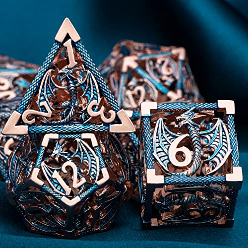 ARUOHHA Hollow DND Metal Dice Set Blue Dragons D and D Dice, RPG Role Playing Games Dungeons Polyhedral Dice with Gift Box D20 D12 D10 D8 D6 D4 - color: Copper Blue