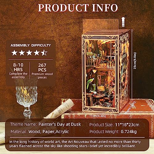 MiniCity Painter at Dusk Book Nook Kit, 3D Wooden Bookshelf Puzzle with LED | 7.1 x 4.3 x 9.1 in; 267-piece DIY kit with LED and dust cover; glue/tools included; 6-8 hr build for shelf display, ages 14+. - style: Painter's Day at Dusk