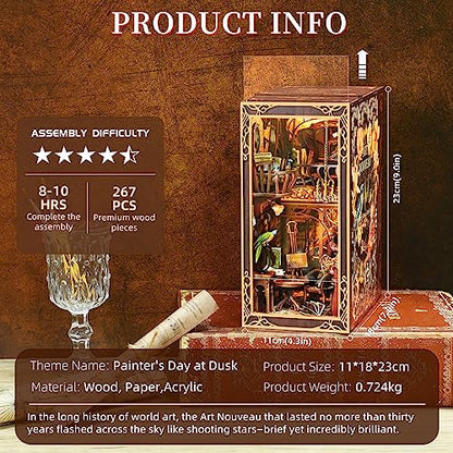 MiniCity Painter at Dusk Book Nook Kit, 3D Wooden Bookshelf Puzzle with LED | 7.1 x 4.3 x 9.1 in; 267-piece DIY kit with LED and dust cover; glue/tools included; 6-8 hr build for shelf display, ages 14+. - style: Painter's Day at Dusk