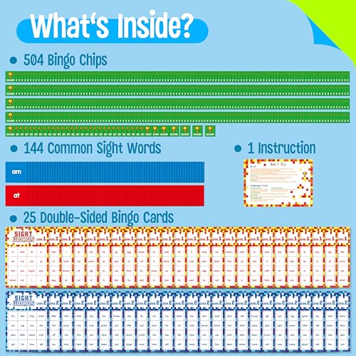 Sight Word Bingo Game, 144 Sight Words Learn to Read Level 1 & Level 2 Bingo Board Game Dolch's & Fry's Words Lists for Kindergarten and Preschool, Grade 1st, 2nd, Kids 4-8 (Up to 25 Players) - style: Sight Word Level 1 & Level 2-A