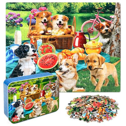 LELEMON Puzzles for Kids Ages 4-6,Dogs 100 Piece Puzzles for Kids Ages 4-8 in a Metal Box,Educational Jigsaw Puzzles 100 Piece Puzzle Games Puzzle Toys for Girls and Boys - color: Dogs