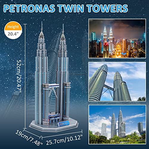 3D Puzzles for Adults & Kids, Petronas Twin Towers City Architecture Building Model Kit, 3-D Jigsaw Puzzles DIY STEM Desk Toys Christmas Birthday Gift for Hobbyist Teens Boys Girls 10-12-14, 130 PCS - style: Petronas Twin Towers