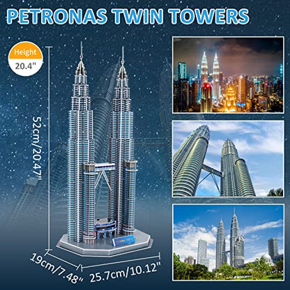 3D Puzzles for Adults & Kids, Petronas Twin Towers City Architecture Building Model Kit, 3-D Jigsaw Puzzles DIY STEM Desk Toys Christmas Birthday Gift for Hobbyist Teens Boys Girls 10-12-14, 130 PCS - style: Petronas Twin Towers