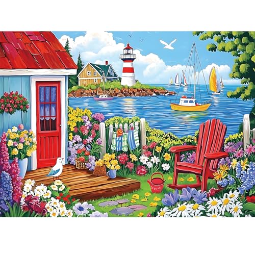 300 Pieces Puzzles for Adults,Seaside Garden House 300 Pieces Large Puzzle for Adults Seniors,Coastal Lighthouse Jigsaw Puzzle for Kids Ages 8-10,Challenging Family Games, 20.5 x 15 in - style: Garden House