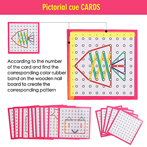 Wooden Geoboards - Montessori STEM Toy with Pattern Cards for Kids Ages 3+ | Pattern Cards & Rubber Bands, Geometric Shape Learning, Classroom STEM Tool, Brain Teaser Gift - size: 7.9*7.9 in