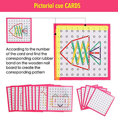 Wooden Geoboards - Montessori STEM Toy with Pattern Cards for Kids Ages 3+ | Pattern Cards & Rubber Bands, Geometric Shape Learning, Classroom STEM Tool, Brain Teaser Gift - size: 7.9*7.9 in