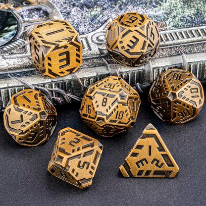 Metal DND Sci-fi Dice Set 7PCS Stripe Polyhedral Dice for Dungeons Dragons RPG Role Playing Game, Glitter D and D Dice with Gift Box D6 D8 D10 D12 D20 (Antique Gold) - color: Antique Gold