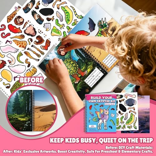 PARTYWIND Cryptid Construction Kit Sticker Book for Kids Age 3-5 | Build Your Own Animals, 16 Scenes, 11 Sheet Stickers, Airplane Travel Toys Essentials for Boys & Girls, Toddler Sticker Book