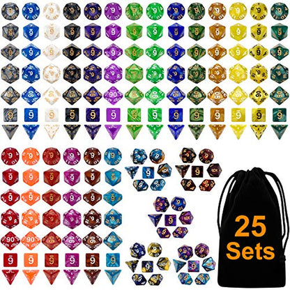 175 Pcs Bulk DND Dice Sets, Polyhedral RPG Dungeons and Dragons Dice, MTG | 25 Set, 25 Colors, D&D Dice, Large Flannel Bag, D4 to D20 Table Games, Pound of Dice, Party Favors