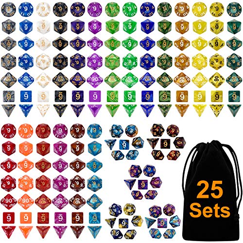 175 Pcs Bulk DND Dice Sets, Polyhedral RPG Dungeons and Dragons Dice, MTG | 25 Set, 25 Colors, D&D Dice, Large Flannel Bag, D4 to D20 Table Games, Pound of Dice, Party Favors