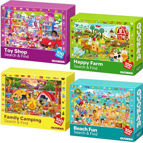 QUOKKA 100 Piece Puzzles for Kids Ages 4-6 – 4xSET Search and Find Kids Puzzles Ages 5-8 – Artist-Crafted Illustrations with Children Daily Life, Hidden Objects - Educational Activity Toy Gift - color: Farm & Beach