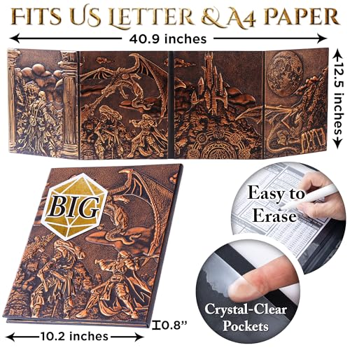 DM Screen for DND with 4 Wider Panels - Stunning Panoramic Battle Scene | 3D Embossed Faux Leather, Clear Pockets, Fits US Letter 8.5 x 11, For Dungeon Masters, Game Masters, Gift for DnD, RPG