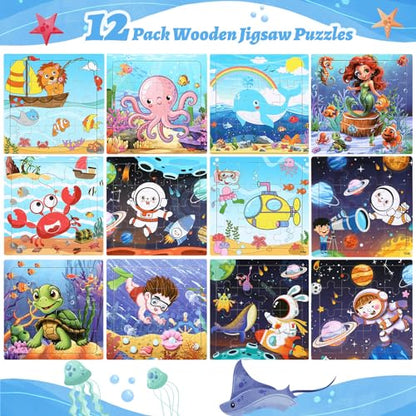 SANNIX 12 Pack Wooden Jigsaw Puzzles with 12 Organize Bags | Ocean and Space Toddlers Puzzles for Kids Ages 3 4 5, Party Favors Educational Learning Travel Toys for Boys Girls - style: Ocean + Space