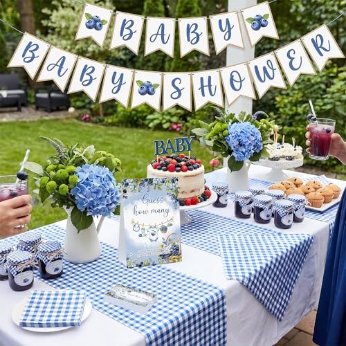 Blueberry Guess How Many Baby Shower Game Pack of 1 Tabletop Sign with Stand and 50 How Many Cards, a Berry Sweet Baby Is on the Way Gender Reveal Party Game Decoration - style: Blueberry
