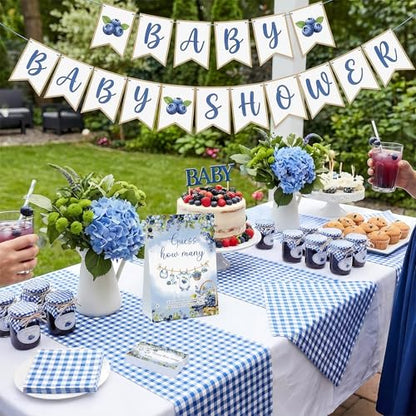Blueberry Guess How Many Baby Shower Game Pack of 1 Tabletop Sign with Stand and 50 How Many Cards, a Berry Sweet Baby Is on the Way Gender Reveal Party Game Decoration - style: Blueberry