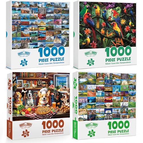 BenBen 4 Pack 1000 Piece Puzzle for Adults, Thick Cardboard Pieces | World Landscape, USA Landmarks, Dogs' Dinner Party, Jungle Parrots Jigsaw Puzzles with Letters or Patterns on Back