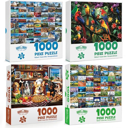 BenBen 4 Pack 1000 Piece Puzzle for Adults, Thick Cardboard Pieces | World Landscape, USA Landmarks, Dogs' Dinner Party, Jungle Parrots Jigsaw Puzzles with Letters or Patterns on Back