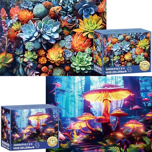 2 Pack Puzzles for Adults 1000 Pieces-Succulents and Mushrooms Difficult Jigsaw Puzzles for Adults,Hard Jigsaw Puzzle Decorations DIY Leisure Game Toy Suitable Family Friends(27.5x20 inches) - color: Succulents and Mushrooms