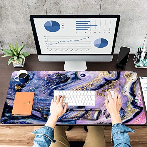 Large Mouse Pad with Wrist Rest, 4-in-1 Wrist Rest for Keyboard and Mouse | Non-Slip Waterproof Desk Mat Set, 35.4"x15.7" Desk Mat+Keyboard Wrist Rest+Mouse Wrist Support+Cup Coaster for Home Office - color: 4Pcs-Purple Marble