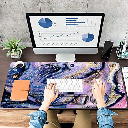 Large Mouse Pad with Wrist Rest, 4-in-1 Wrist Rest for Keyboard and Mouse | Non-Slip Waterproof Desk Mat Set, 35.4"x15.7" Desk Mat+Keyboard Wrist Rest+Mouse Wrist Support+Cup Coaster for Home Office - color: 4Pcs-Purple Marble