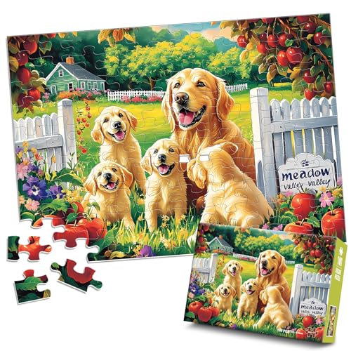 Jeacirio Puzzles for Kids Ages 4-6 6-8, 100 Piece Puzzles for Kids, Golden Retriever Dog Family Jigsaw Puzzle, Educational Puzzle Toys for Boys and Girls, Kids Puzzles Ages 5-8 8-10, 15 x 11 Inch - size: Golden Retriever Puzzles