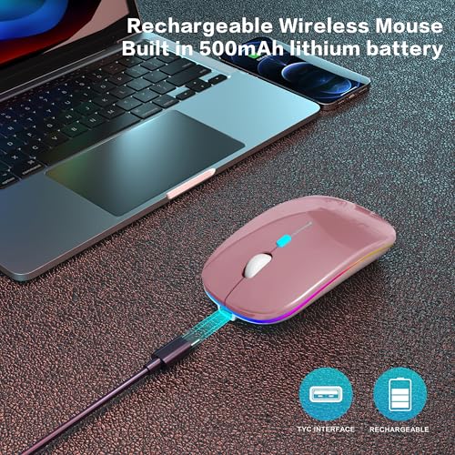 AIKOKOK Wireless Bluetooth Mouse, Rechargeable, Dual Mode Bluetooth 5.2 & 2.4G USB, LED Lights, Slim, Silent, Portable Computer Mouse for Laptop, PC, MacBook, iPad, Tablet (Rose Gold) | BT 5.2 & 2.4G USB Receiver, 3 Adjustable DPI,LED Lights,Slim,Silent,P