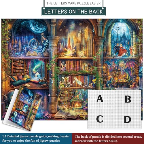 Puzzles for Adults 1000 Pieces, Enchanted Library Jigsaw Puzzle with 1:1 HD Poster, Perfect Interlocking No Dust, Stress Relief Ideal Gift for Family Games - color: Enchanted Library