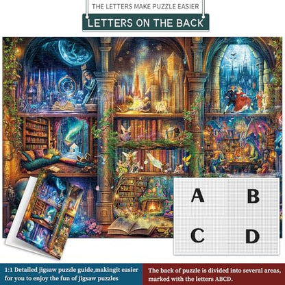 Puzzles for Adults 1000 Pieces, Enchanted Library Jigsaw Puzzle with 1:1 HD Poster, Perfect Interlocking No Dust, Stress Relief Ideal Gift for Family Games - color: Enchanted Library