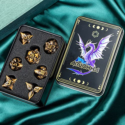 ARUOHHA DND Metal Dice Set Ancient Gold Leaf Design Polyhedral Dice with Box, 7PCS D and D Dice RPG Role Playing Games D20 D12 D10 D8 D6 - color: Leaves- Ancient Gold
