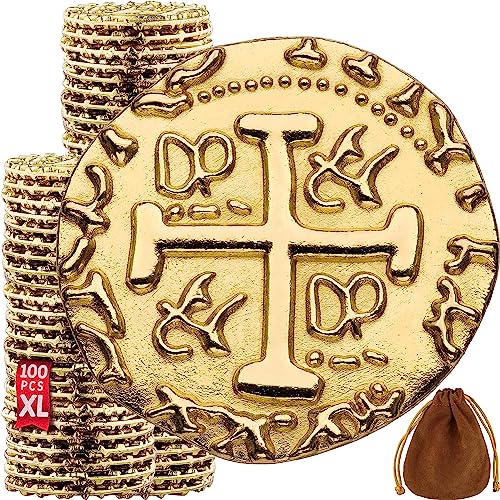 Leib Games Gold Metal Pirate Coins - 100 Leprechaun Metal Gold Coins for St Patricks Day, Game Tokens, Toys & Cosplay - Fake Tokens Set for Pirate Treasure Chest - Diameter: 1.18" - size: 100 Pcs