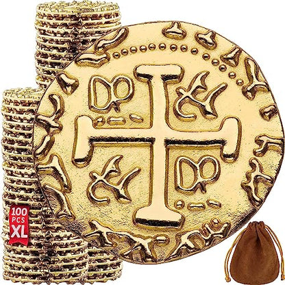 Leib Games Gold Metal Pirate Coins - 100 Leprechaun Metal Gold Coins for St Patricks Day, Game Tokens, Toys & Cosplay - Fake Tokens Set for Pirate Treasure Chest - Diameter: 1.18" - size: 100 Pcs