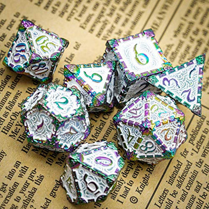 Cusdie 7 Pcs Metal DND Dice with Metal Box, Dagger Design Polyhedral Dice Set, for Role Playing Game D&D Dice (Colorful White) - color: Colorful White