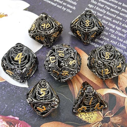 Metal Skull Dice Set Hollow Multi-Sided Dungeons & Dragons Dice 7CPS Role-Playing Dice Set with Flannel Bag Suitable for D&D Board Game Cards (Black Gold) - color: Black Gold