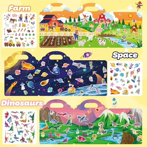 6 Pack 3D Jelly Stickers for Kids, Reusable Creative Activity Set Ages 3-8 - style: Farmhouse+Dinosaurs+Space+Animals+Ocean+Vehicles