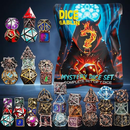 QMAY Mystery Dice Set – 7 Pcs Metal Polyhedral Dice + 1 Pcs Velvet Bag | Random Various Style Metal DND Dice & Dice Bag, Gifts for D&D, Pathfinder, MTG, Game Night, Dice Goblins, RPG Players & DMs - style: 1 bag Metal Mystery Dice