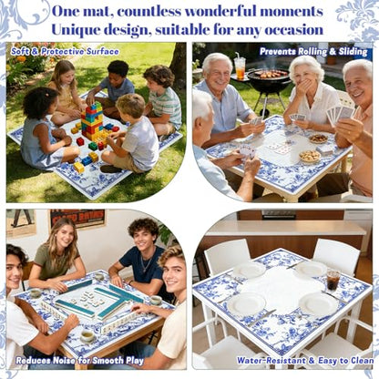 Blue Mahjong Mat with Rules, Mahjong Table Mat for Mahjong, 31.5x31.5 Inch | Mah Jong Mat with Non-Slip Base, Noise-Reducing, Mahjong Mat for Table Ideal for Mahjong, Poker, Dominoes - style: Blue & white porcelain
