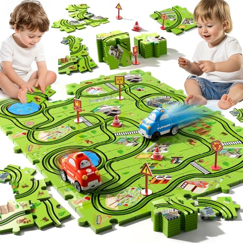 Beby Buty 48PCS Puzzle Race Track Car Set for Toddlers Kids Boys, Toddler Toys Birthday Gifts for 3 4 5 6 Years Old Boys and Girls, Floor Puzzle Tracks Car Toys for Ages 3-5 4-6 - style: 48 PCS City Theme
