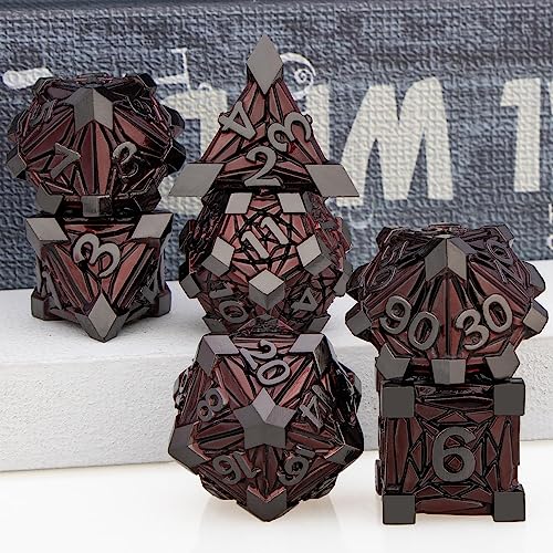 7PCS Metal DND Dice Set with Box, Debris RPG Red D and D Dice for use with D&D Tabletop Games Role Playing Game Polyhedral Dice Set D20 D12 D10 D8 D6 D4 - color: Black Red