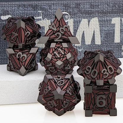 7PCS Metal DND Dice Set with Box, Debris RPG Red D and D Dice for use with D&D Tabletop Games Role Playing Game Polyhedral Dice Set D20 D12 D10 D8 D6 D4 - color: Black Red