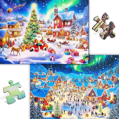 Christmas Puzzles 1000 Pieces for Adults,Jigsaw Puzzles 2 Pack - Challenging Christmas Games, Shimmering Northern Lights & Santa Scene, Christmas vaction Family Night Activity, Winter Wall Art Decor - style: Gifts&Aurora