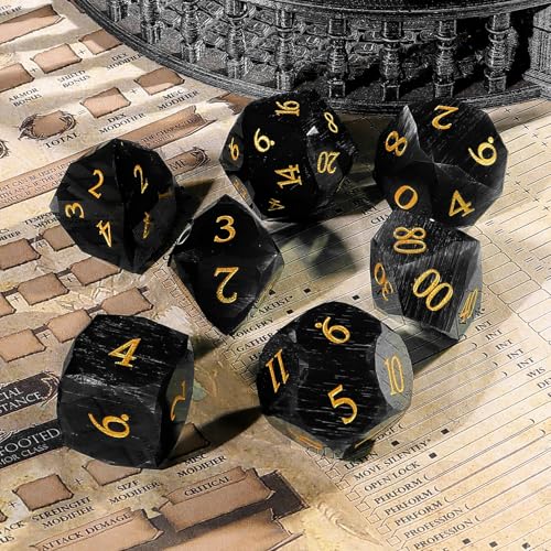 Black Cat's Eye Dice Set, 7-Piece Handcrafted Polyhedral Dice with Gold Engraving, Ideal for D&D, RPG, MTG & Tabletop Games, Gift Box Included (Cat's Eye - Black) - color: Cat's Eye - Black