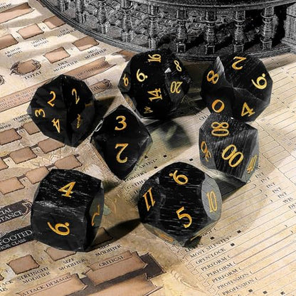 Black Cat's Eye Dice Set, 7-Piece Handcrafted Polyhedral Dice with Gold Engraving, Ideal for D&D, RPG, MTG & Tabletop Games, Gift Box Included (Cat's Eye - Black) - color: Cat's Eye - Black