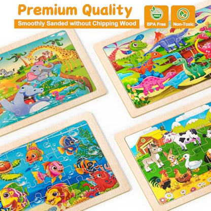 4 Pack Wooden Animal Jigsaw Puzzles for Kids Ages 2-4 Toddler Puzzles Gift | Sensory Toys, Preschool Educational Toys, Toddler Puzzles Gift for 3 4 5 Year Old Boys Girls - color: Animal