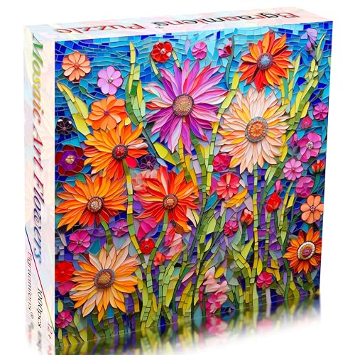 Bgraamiens-Mosaic Art Flowers-1000 Pieces Puzzle for Adults, Stained Glass Jigsaw with Flowers, Impossible Puzzle Color Challenge Hard Puzzles for Adults - color: Mosaic Art Flowers