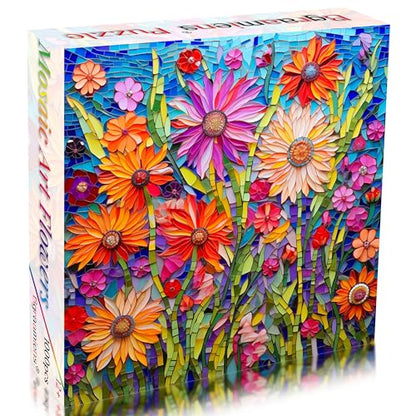 Bgraamiens-Mosaic Art Flowers-1000 Pieces Puzzle for Adults, Stained Glass Jigsaw with Flowers, Impossible Puzzle Color Challenge Hard Puzzles for Adults - color: Mosaic Art Flowers