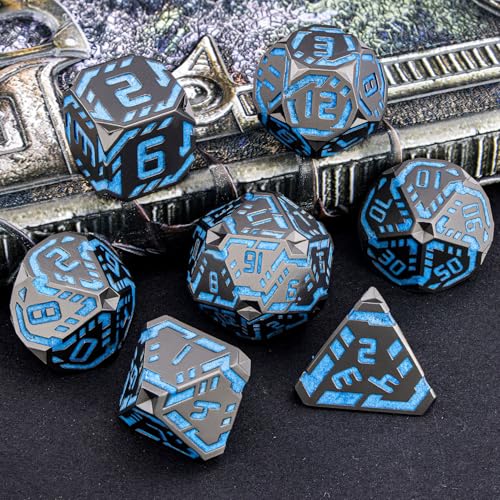 Metal DND Sci-fi Dice Set 7PCS Luminous Orange Stripe Polyhedral Dice for Dungeons Dragons RPG Role Playing Game, Glitter D and D Dice with Gift Box D6 D8 D10 D12 D20 - color: Nightlight - Blue