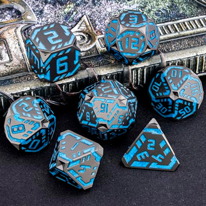 Metal DND Sci-fi Dice Set 7PCS Luminous Orange Stripe Polyhedral Dice for Dungeons Dragons RPG Role Playing Game, Glitter D and D Dice with Gift Box D6 D8 D10 D12 D20 - color: Nightlight - Blue